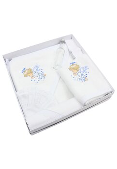Trusou botez, 6 piese, ingeras albastru, bumbac, alb