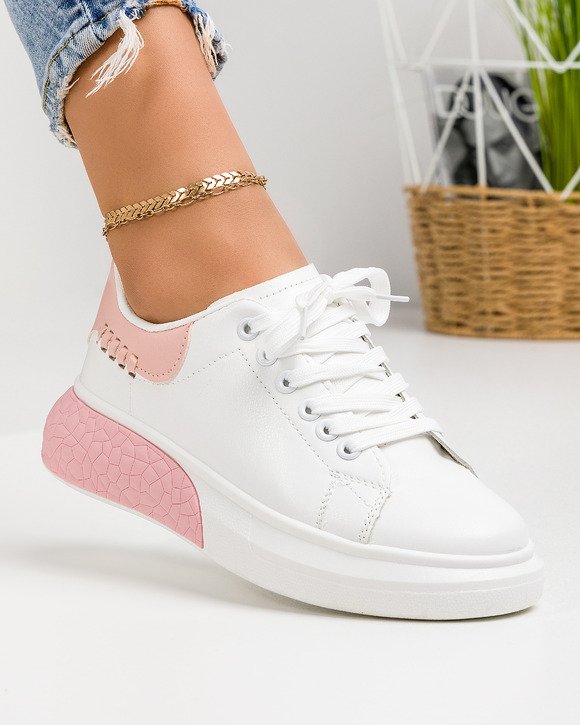 Pantofi Casual - Pantofi casual dama alb cu roz A159