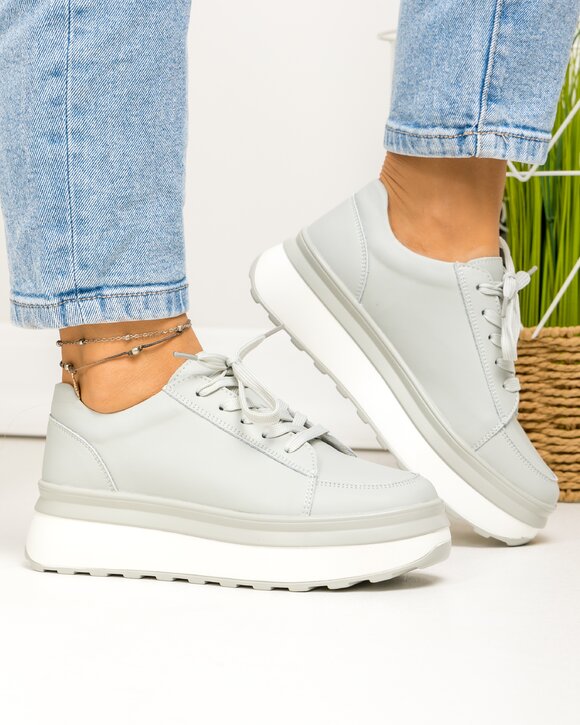 Pantofi casual dama piele naturala gri cu talpa alba si inchidere sireturi F001-777
