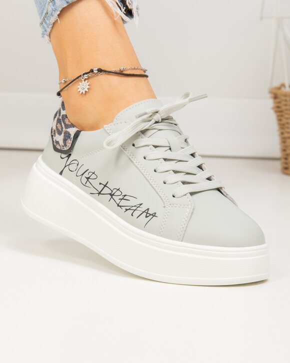 Pantofi casual dama piele naturala gri deschis cu print la calcai si inscriptie pe lateral F001-832