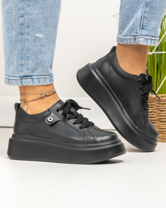 Pantofi casual dama piele naturala negri cu accesoriu lateral T-5807