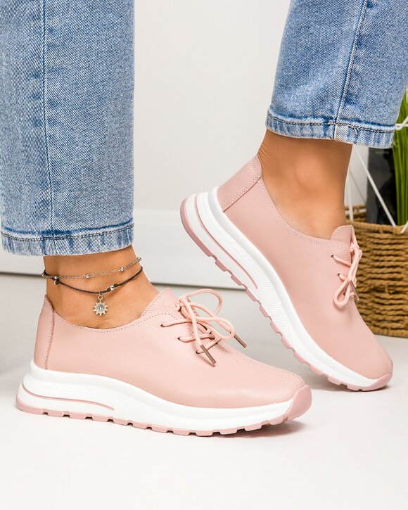 Pantofi casual dama piele naturala roz cu varf rotunjit si inchidere sireturi T-5931