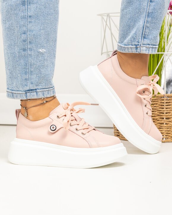 Pantofi casual dama piele naturala roz deschis cu talpa groasa T-5807
