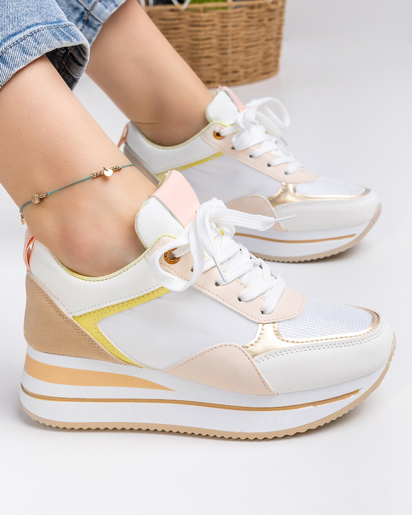 Pantofi - Pantofi sport dama albi cu bej A080