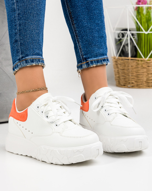 Incaltaminte - Pantofi sport dama albi cu portocaliu A026
