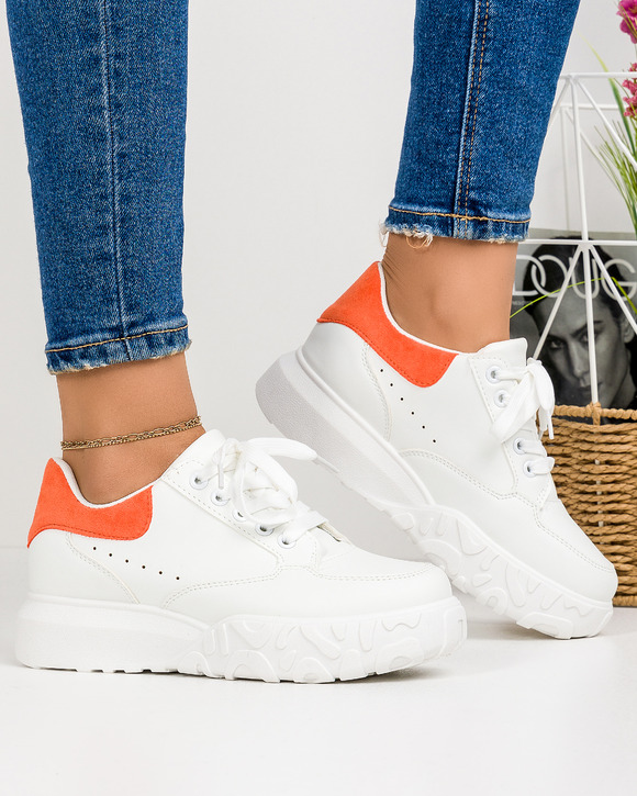 Pantofi sport dama albi cu portocaliu A026