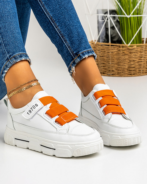 Femei - Pantofi sport dama albi cu portocaliu A134