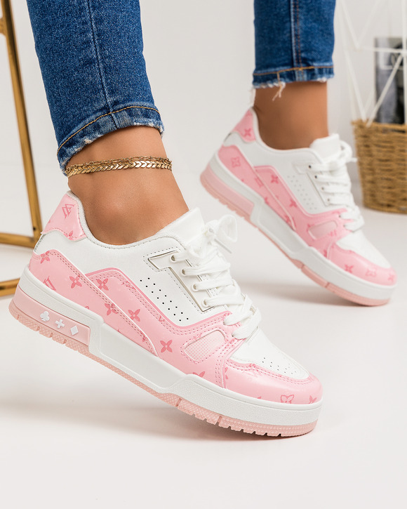 Femei - Pantofi sport dama albi cu roz A132
