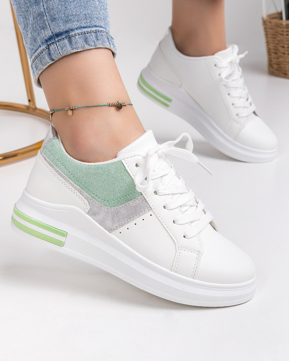 Femei - Pantofi sport dama albi cu verde A079