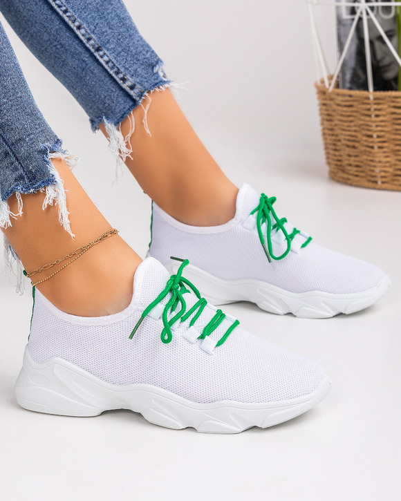 Pantofi sport dama albi cu verde A097