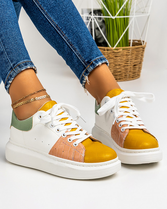 Pantofi - Pantofi sport dama albi cu galben A137