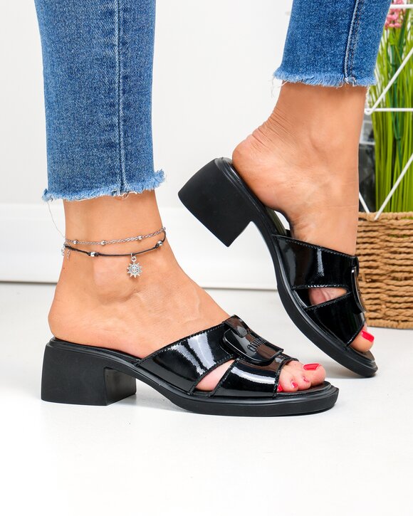Papuci dama piele naturala lacuita negri slip-on JY5762