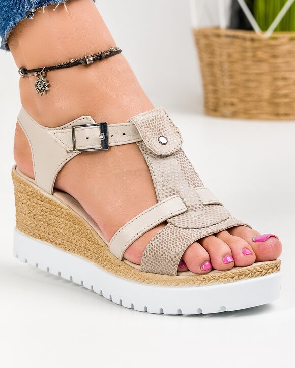 Sandale Dama Piele Naturala Cu Platforma Bej PV911