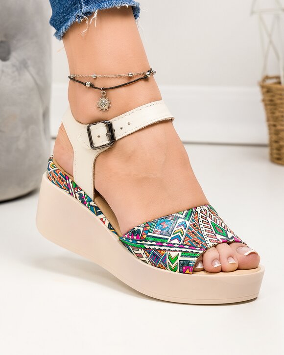 Sandale dama piele naturala cu platforma si imprimeu mozaic PV969