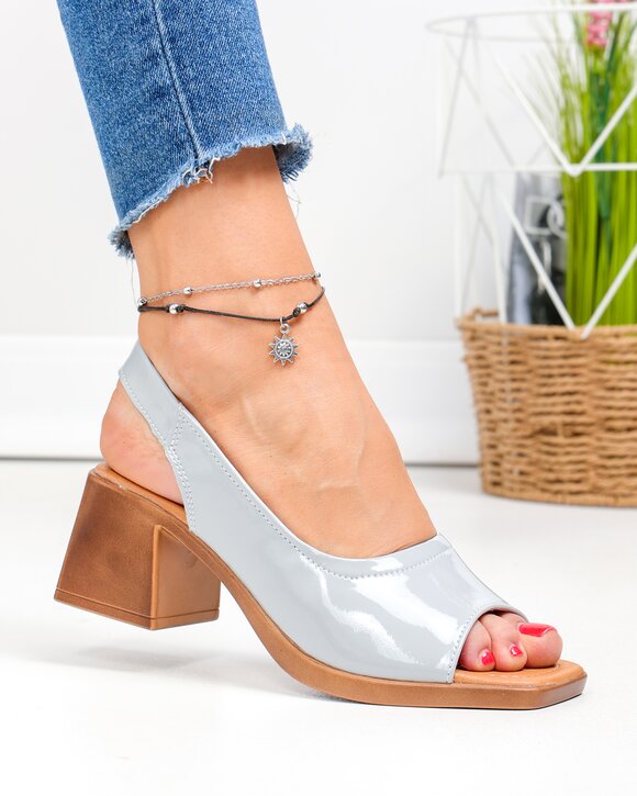 Sandale dama piele naturala lacuita gri cu toc gros JY1923