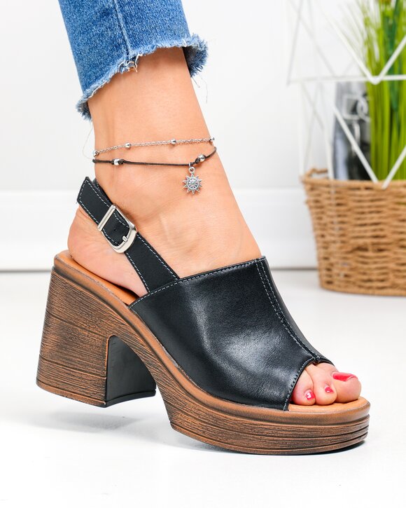 Sandale dama piele naturala negre cu platforma si toc gros JY3690
