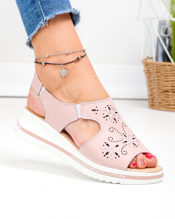 Sandale Roz Piele Naturala Cu Broderie Florala JY3010