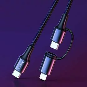 Cablu de alimentare 2 in1 Baseus Twins USB Tip C - USB Tip C (60W 20V 3A)+ adaptor Lightning (5V 2A) Black