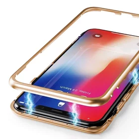 Husa cu Bumper Magnetic si Spate din Sticla Securizata pentru iPhone XS Max Gold