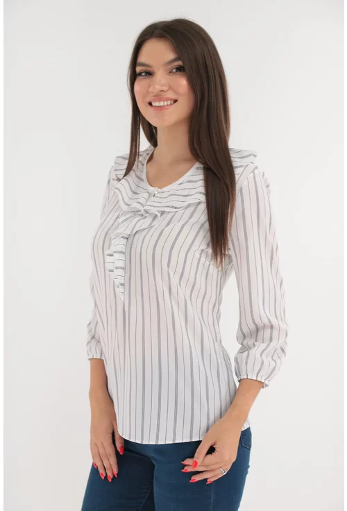 Bluza alba cu dungi albastre si volanase