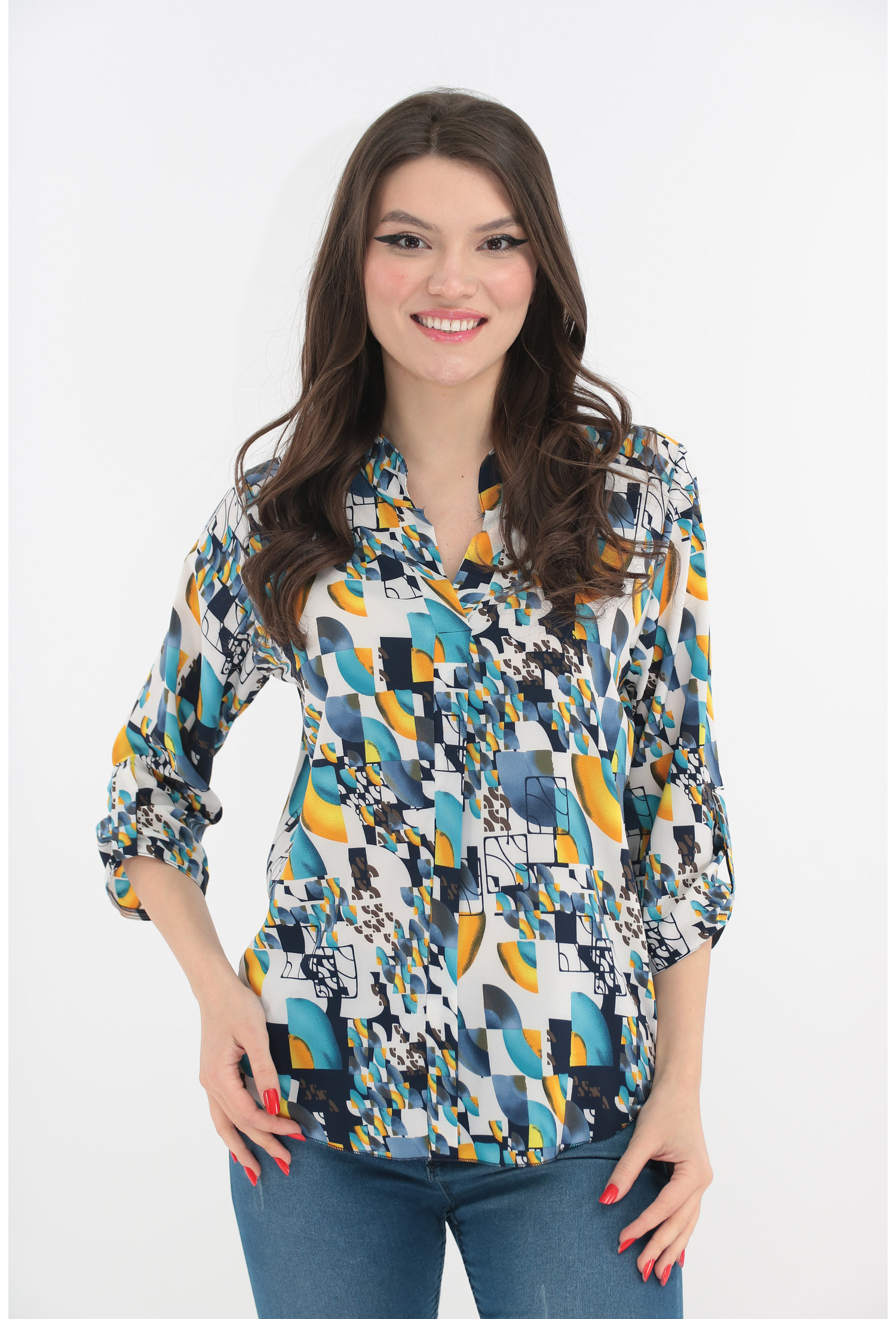 Bluza alba cu print geometric bleumarin-mustar