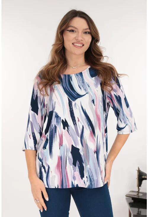 Bluza alba din bumbac cu print abstract roz-albastru