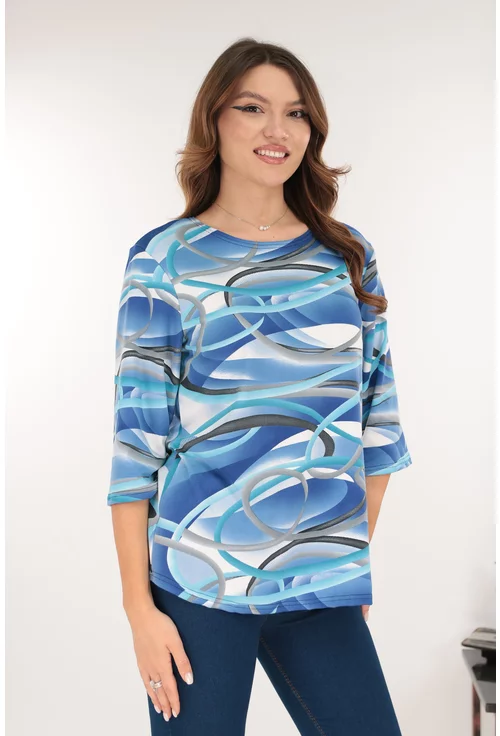Bluza albastra din bumbac cu print abstract alb-gri