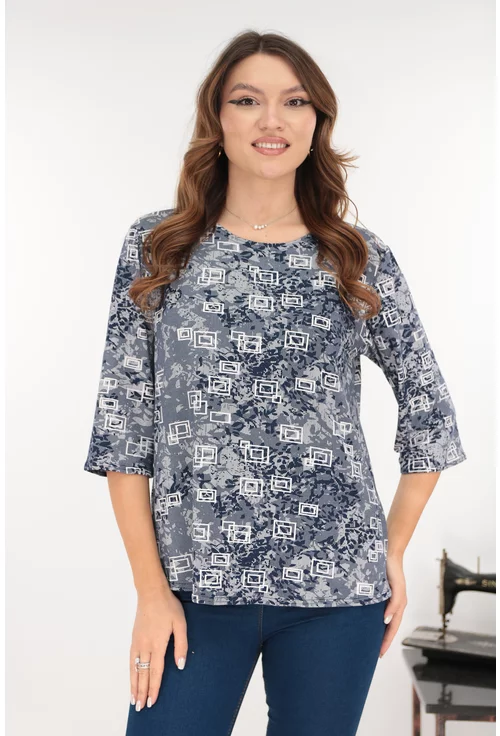Bluza albastra din bumbac cu print geometric alb