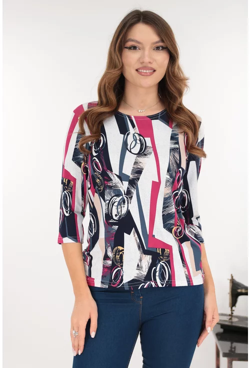 Bluza albastra din vascoza cu imprimeu abstract fucsia-gri