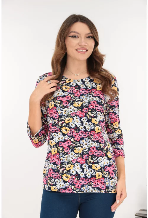 Bluza albastra din vascoza cu imprimeu floral galben-corai