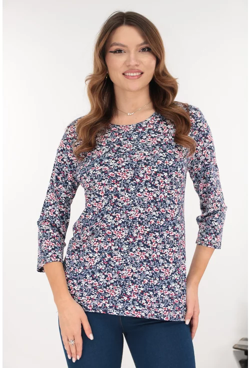 Bluza albastra din vascoza cu imprimeu floral rosu-alb