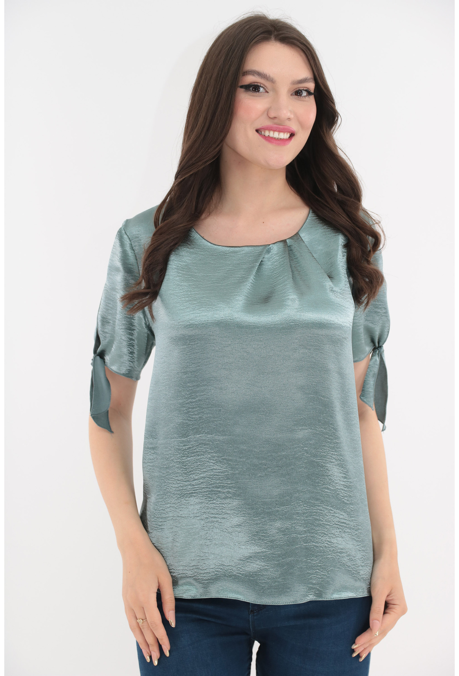 Bluza aqua din satin cu fundite la maneci