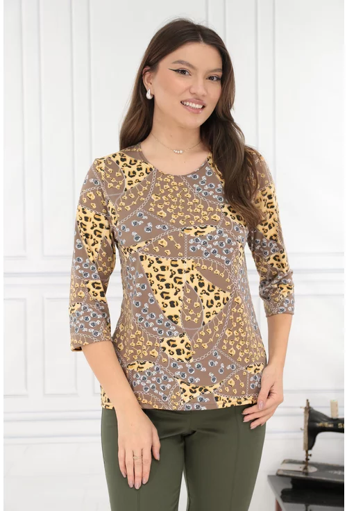 Bluza bej cu imprimeu abstract galben