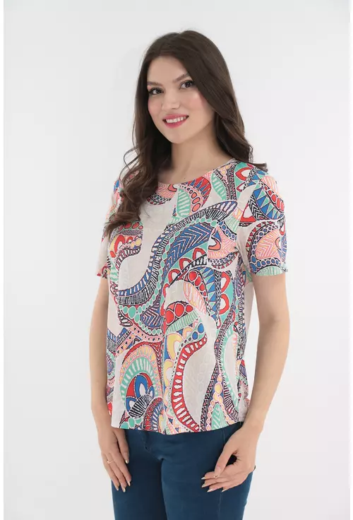 Bluza bej cu imprimeu abstract multicolor