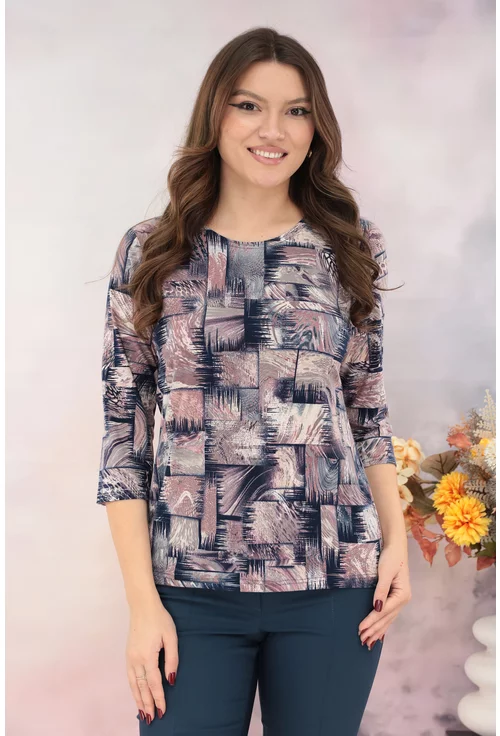Bluza bej cu imprimeu geometric bleumarin