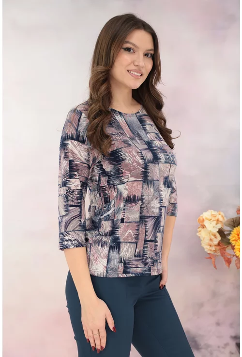 Bluza bej cu imprimeu geometric bleumarin