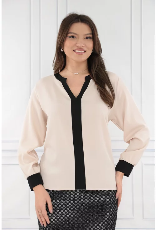 Bluza bej cu insertii negre la decolteu si mansete