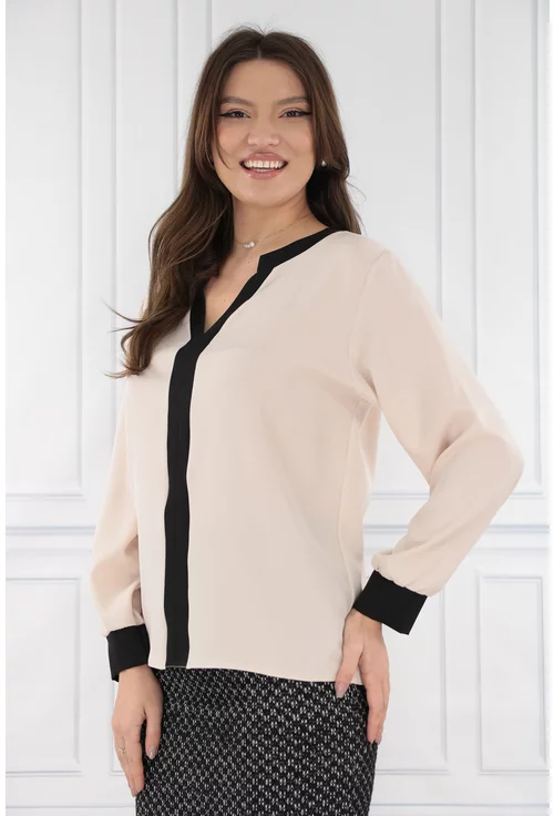 Bluza bej cu insertii negre la decolteu si mansete