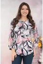 Bluza bej cu print abstract bleumarin-roz si fundita decorativa