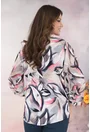 Bluza bej cu print abstract bleumarin-roz si fundita decorativa