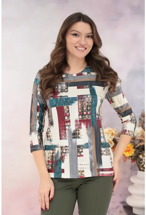 Bluza bej cu print geometric caramiziu