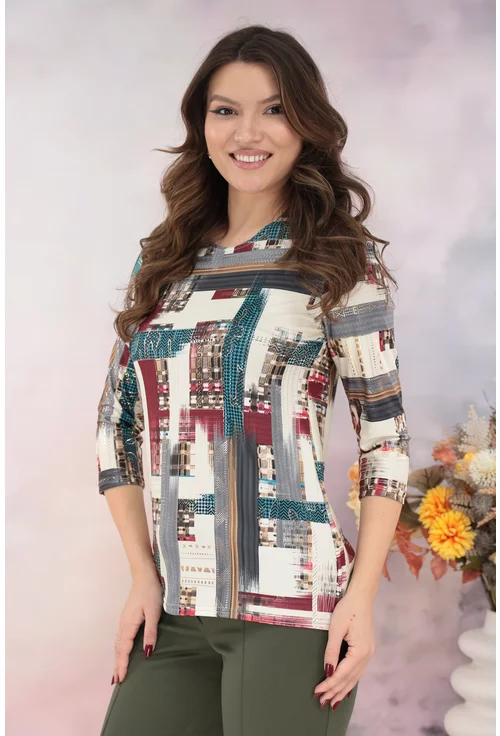 Bluza bej cu print geometric caramiziu