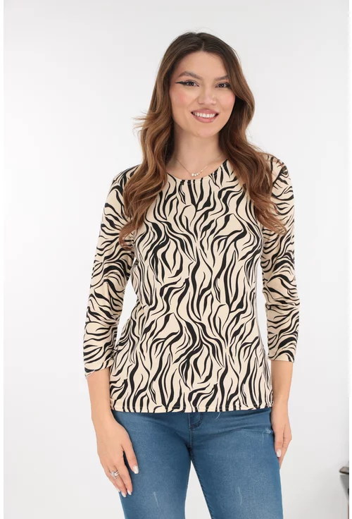 Bluza bej din vascoza cu imprimeu abstract negru