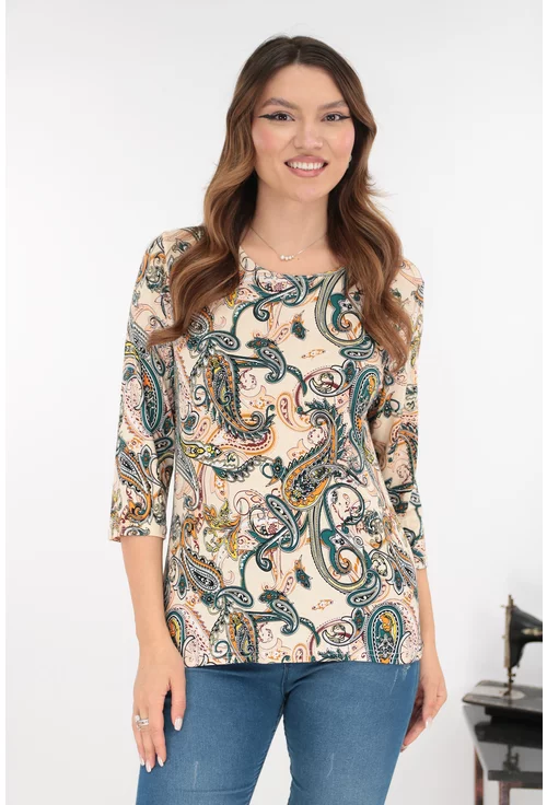 Bluza bej din vascoza cu print abstract caramiziu-turcoaz