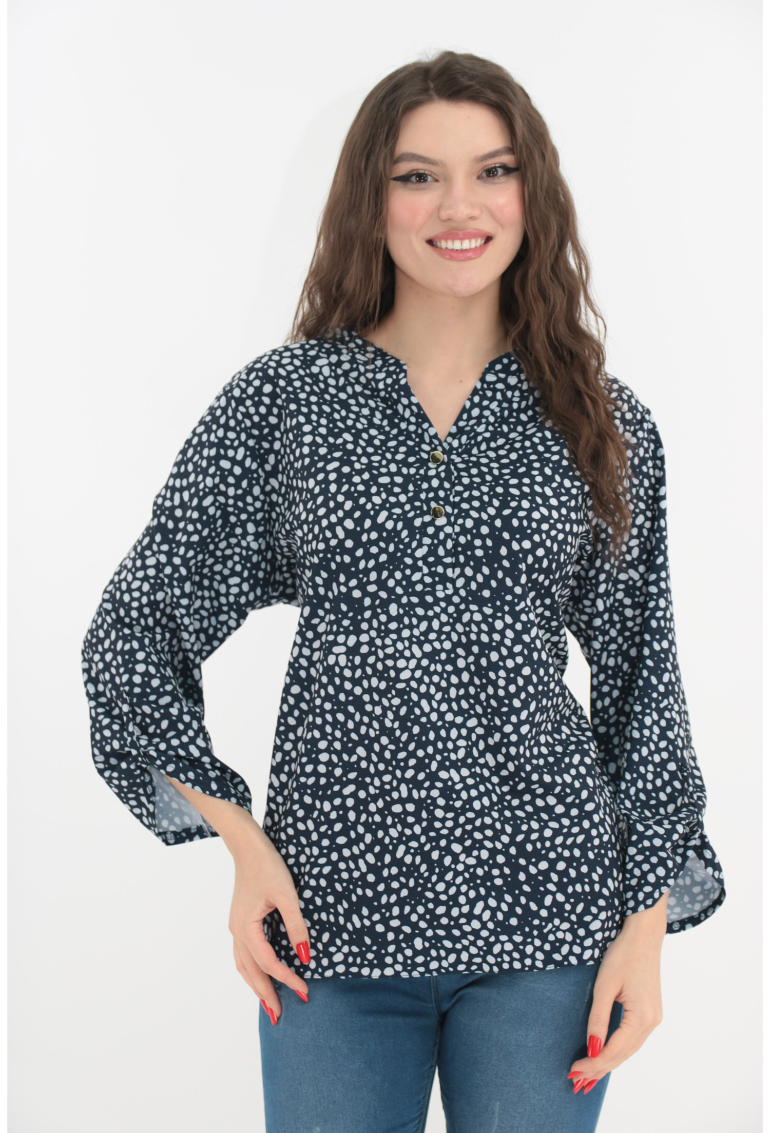 Bluza bleumarin cu buline albe si guler tunica