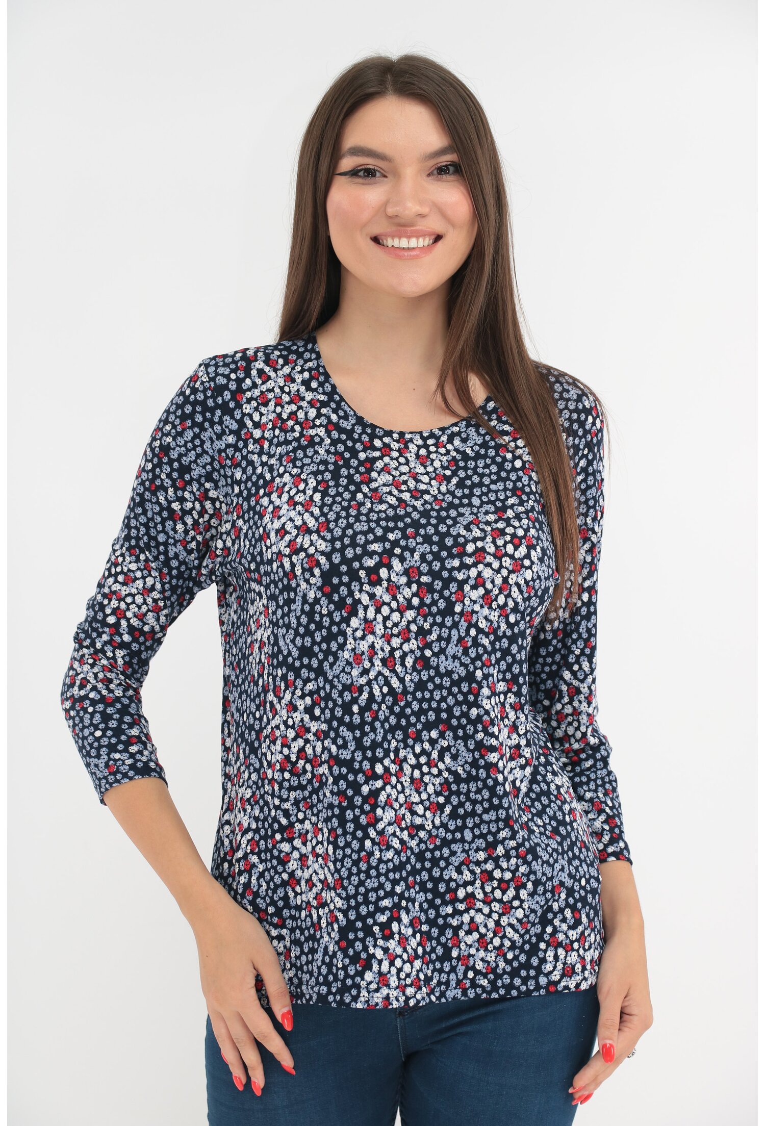 Bluza bleumarin cu imprimeu floral alb-rosu