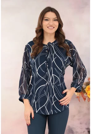 Bluza bleumarin cu print abstract alb si fundita decorativa