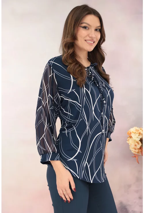 Bluza bleumarin cu print abstract alb si fundita decorativa