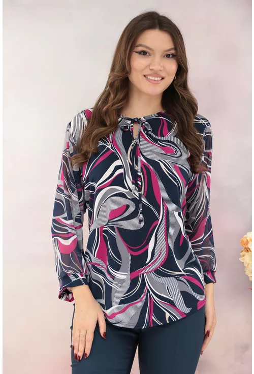 Bluza bleumarin cu print abstract roz-alb si fundita decorativa