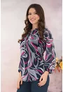 Bluza bleumarin cu print abstract roz-alb si fundita decorativa